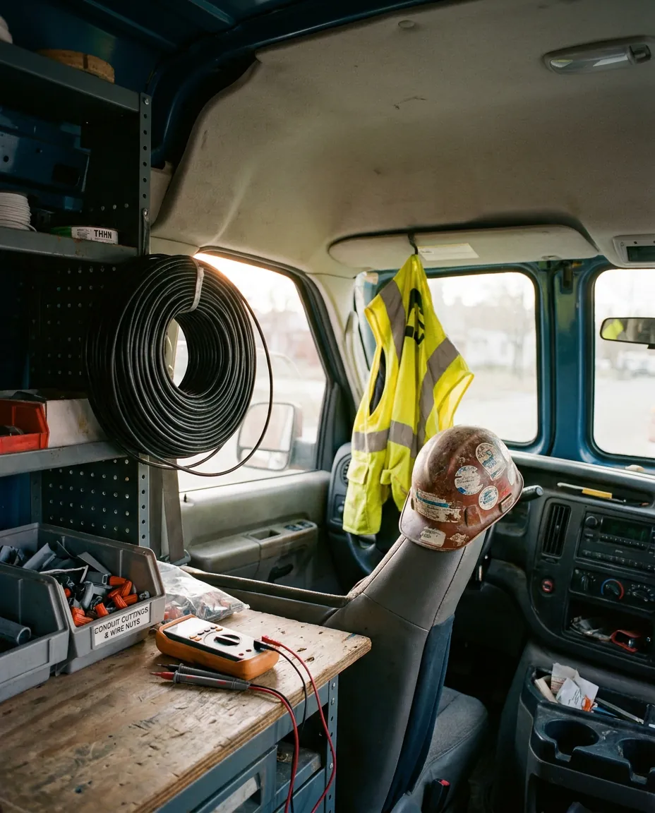 Residential electrician's service-van bay with a coiled spool of THHN wire, panel meter and hi-viz vest.