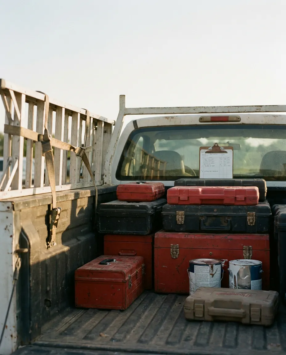 Handyman's open service-truck bed with toolboxes, a strapped extension ladder and a clipboard of estimates.