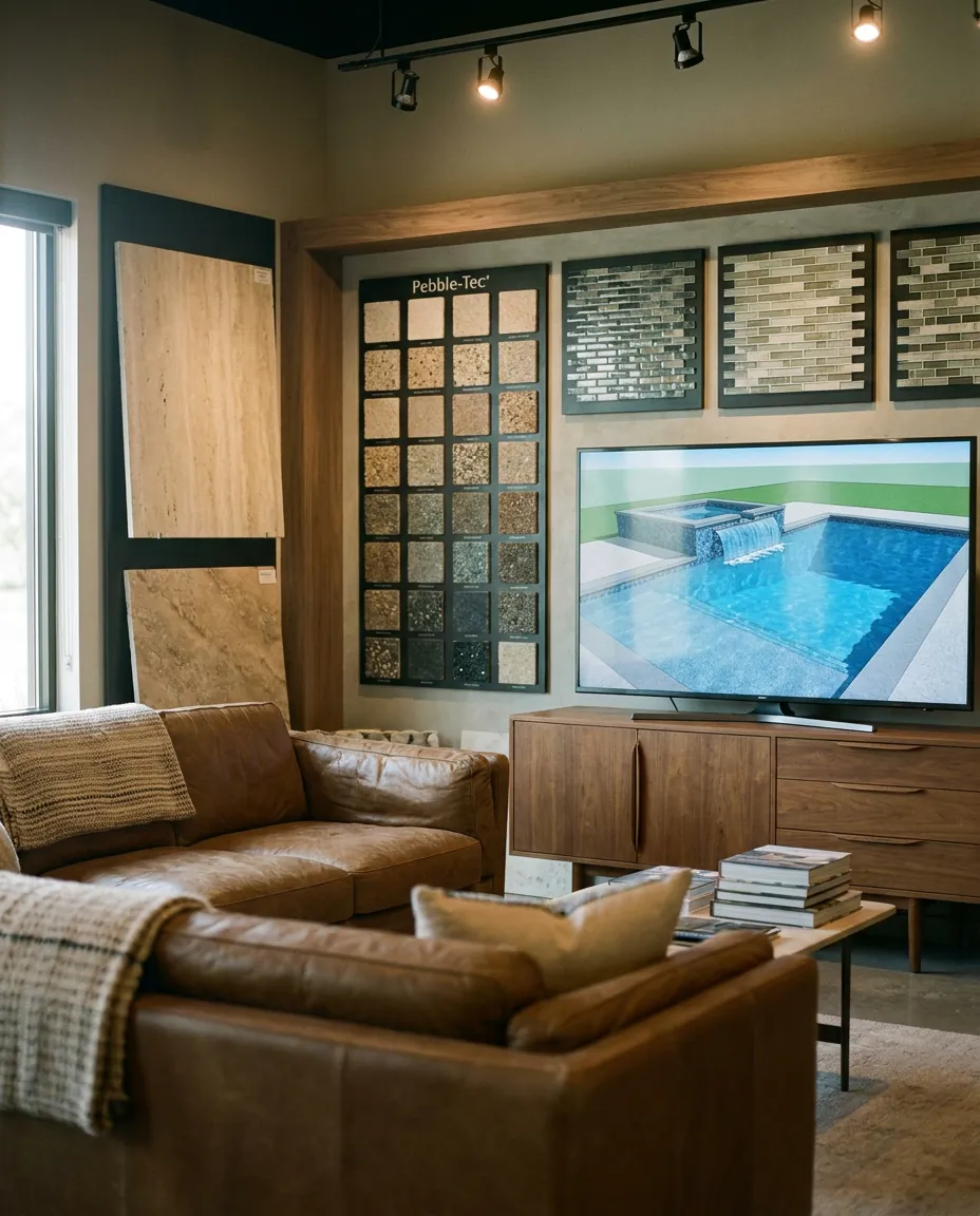 Custom pool builder showroom with material samples and a 3D rendering on the design monitor.