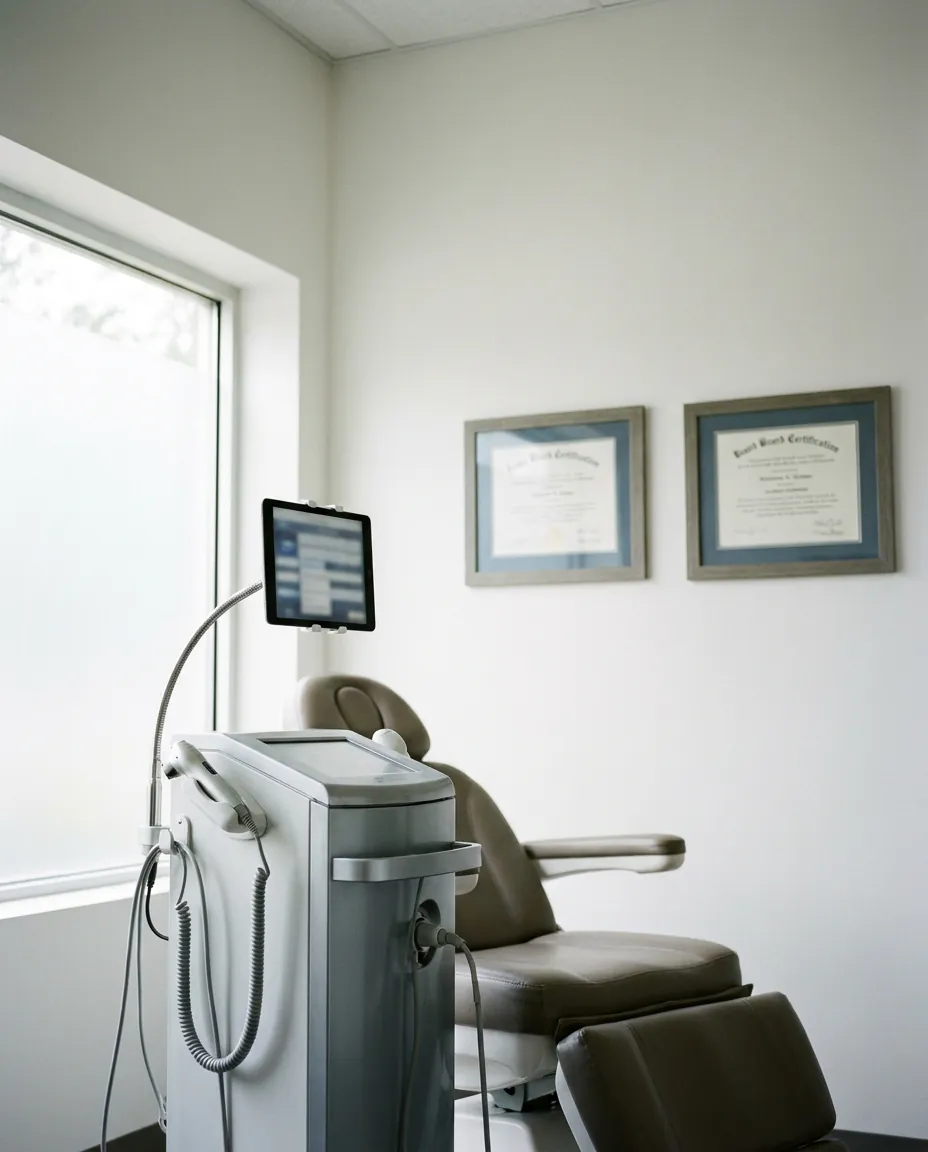 Bright physician aesthetic clinic exam room with a treatment device cart and board certifications on the wall.