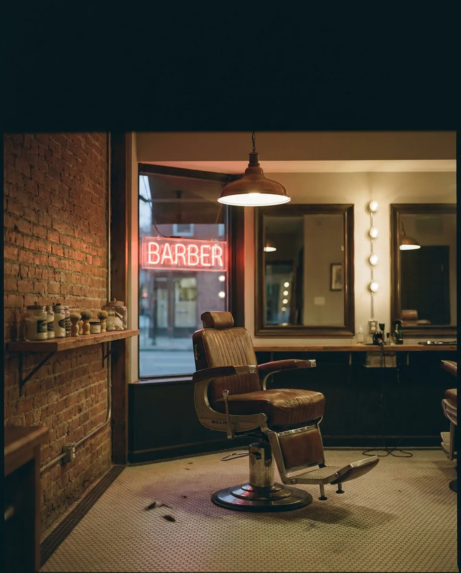 Boutique barbershop interior with a Belmont chair under a pendant light, brick wall and a glowing neon BARBER sign.