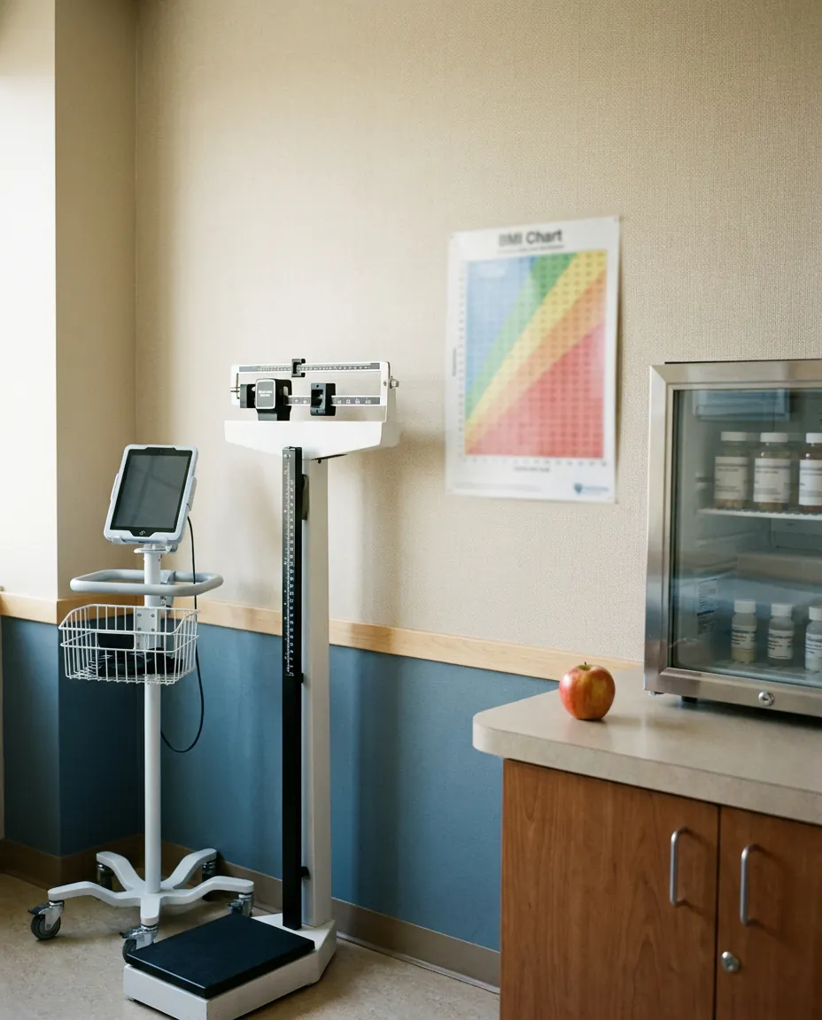 Bariatric / GLP-1 clinic exam room with a standing scale, BMI chart and locked medication fridge.