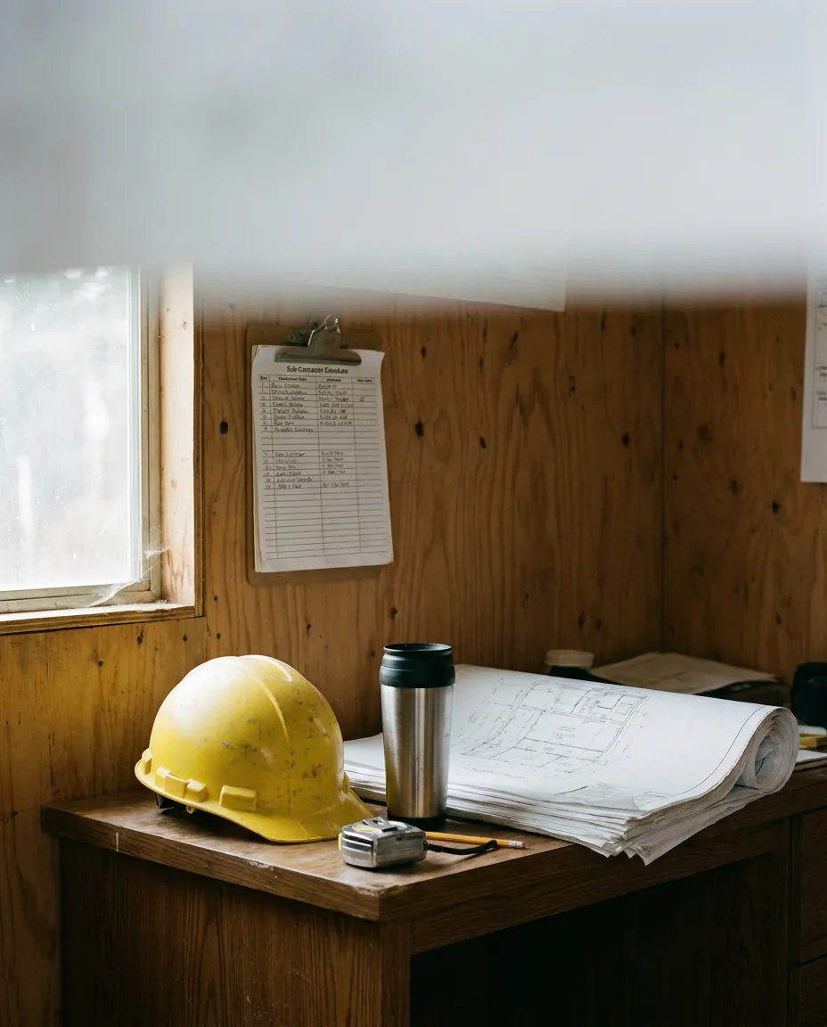 On-site general contractor's job trailer with a clipboard of sub schedules, hard hat on the desk and curling blueprints.