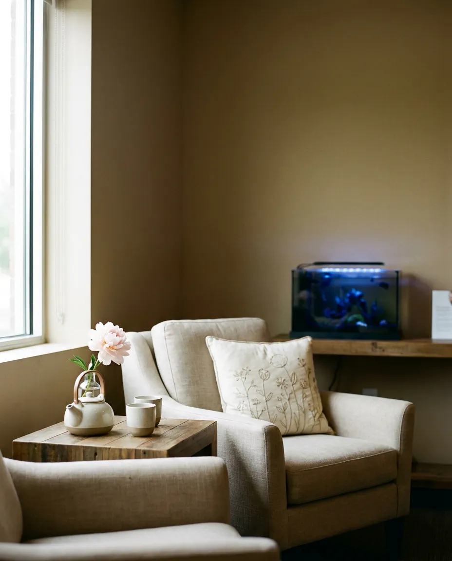 Warm fertility clinic patient lounge with linen armchairs and a soft calm fish tank.