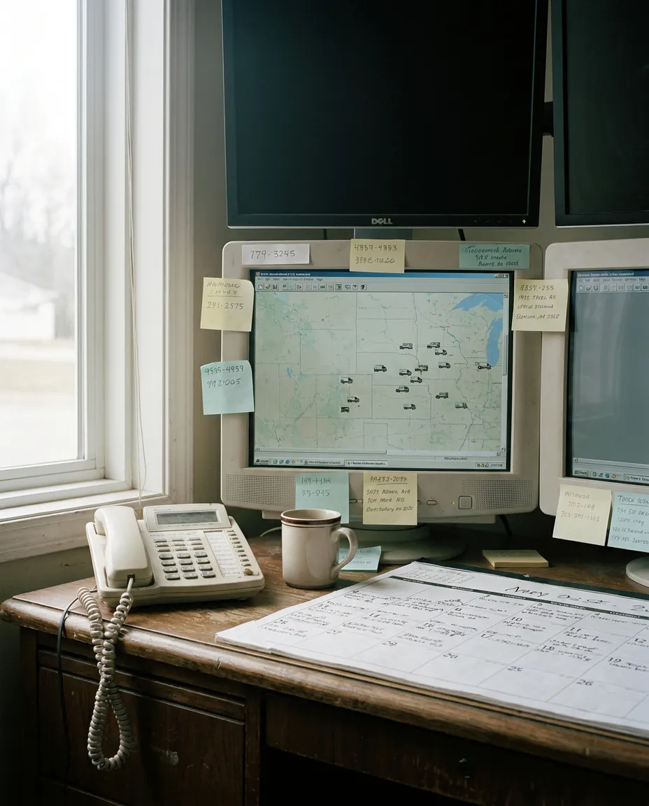 HVAC dispatcher workstation with route monitors and a hand-annotated truck-assignment calendar.