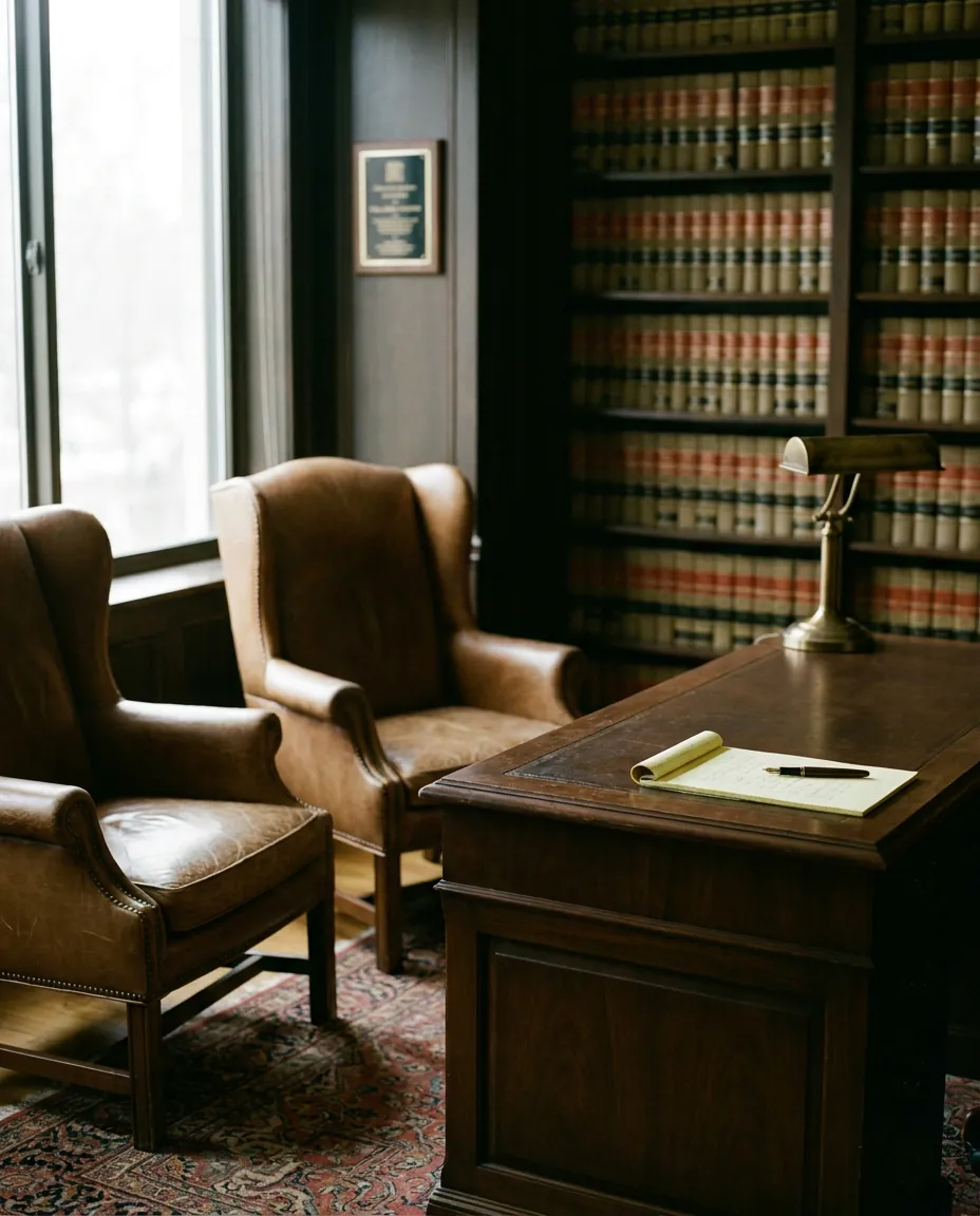 Personal injury attorney's office with a wall of law books, leather chairs and a yellow legal pad.