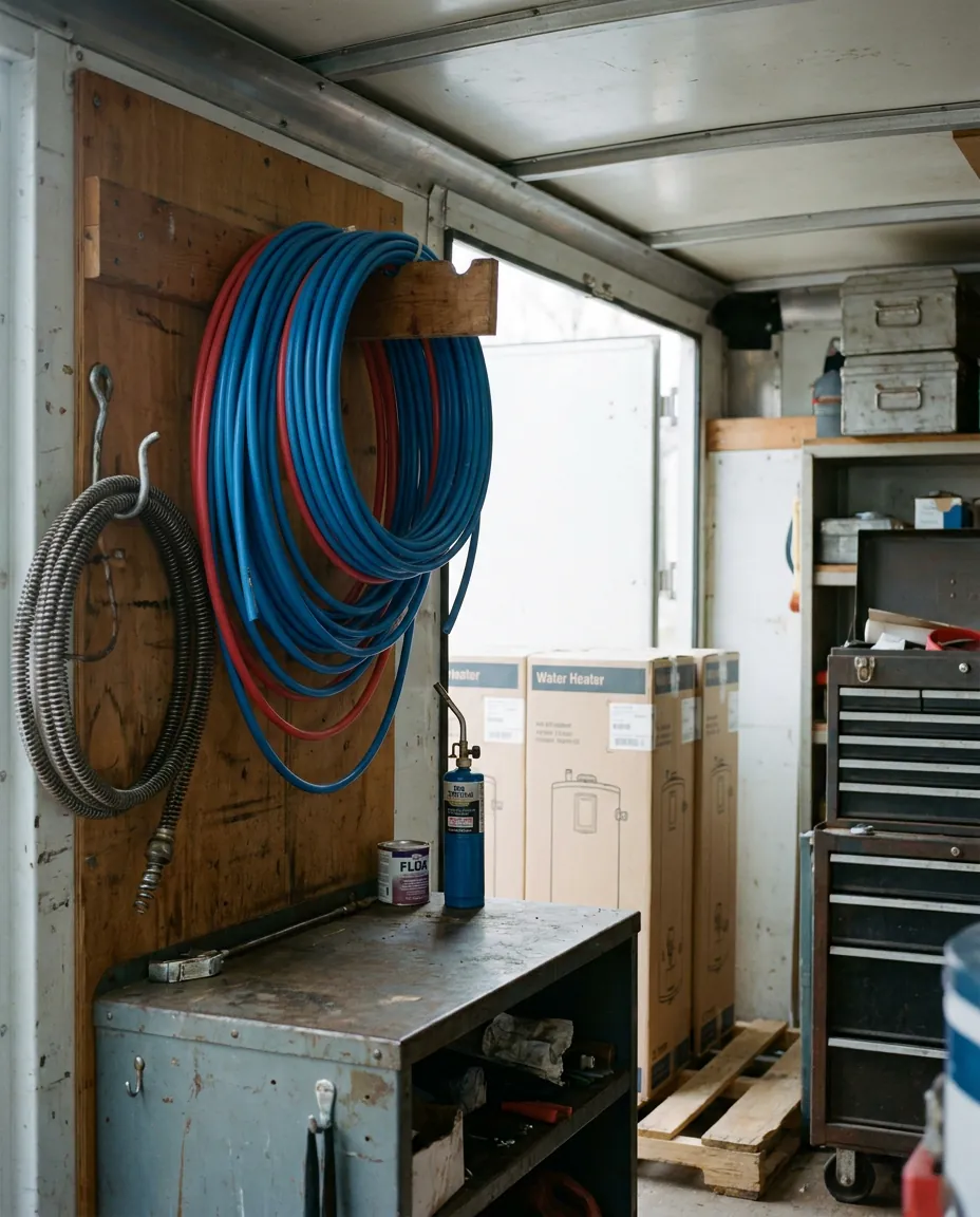 Residential plumber's service-truck bay with PEX coils, a drain snake, a torch and water heater boxes stacked on a pallet.