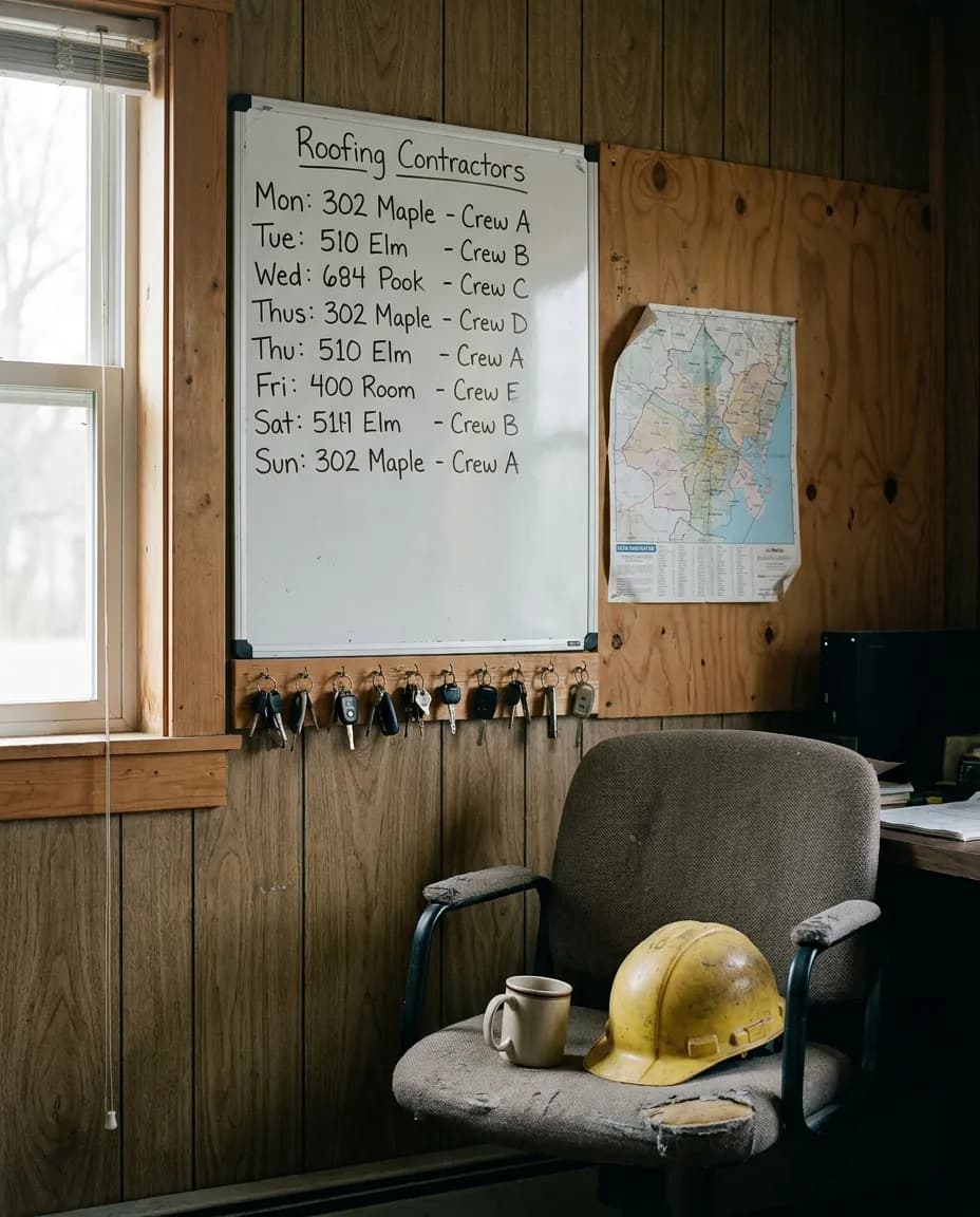Roofing contractor back office with a job whiteboard, truck keys on hooks and a service-zip map.
